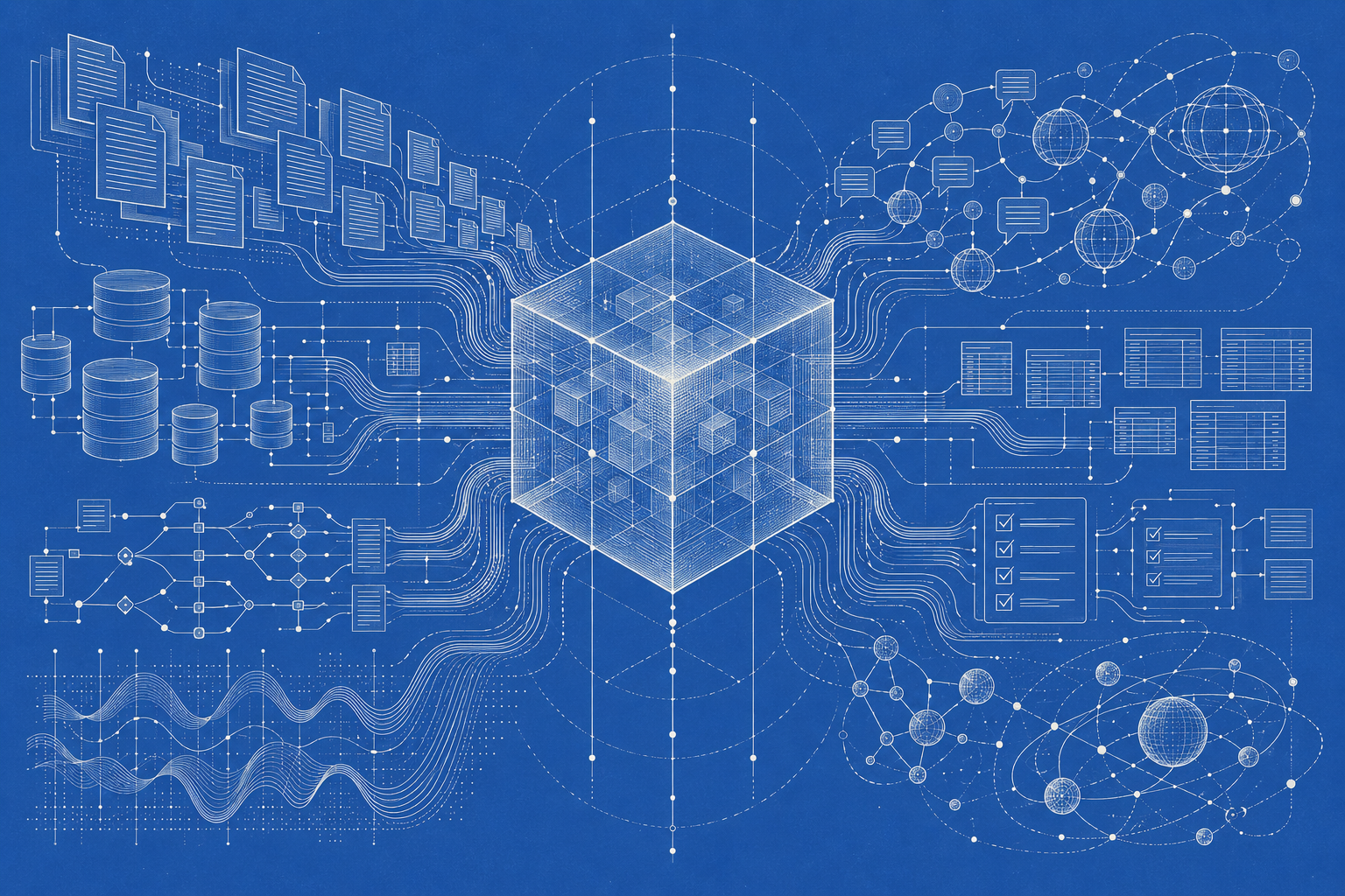 A blueprint of documents, databases, conversations and workflows converging into a shared cube of knowledge